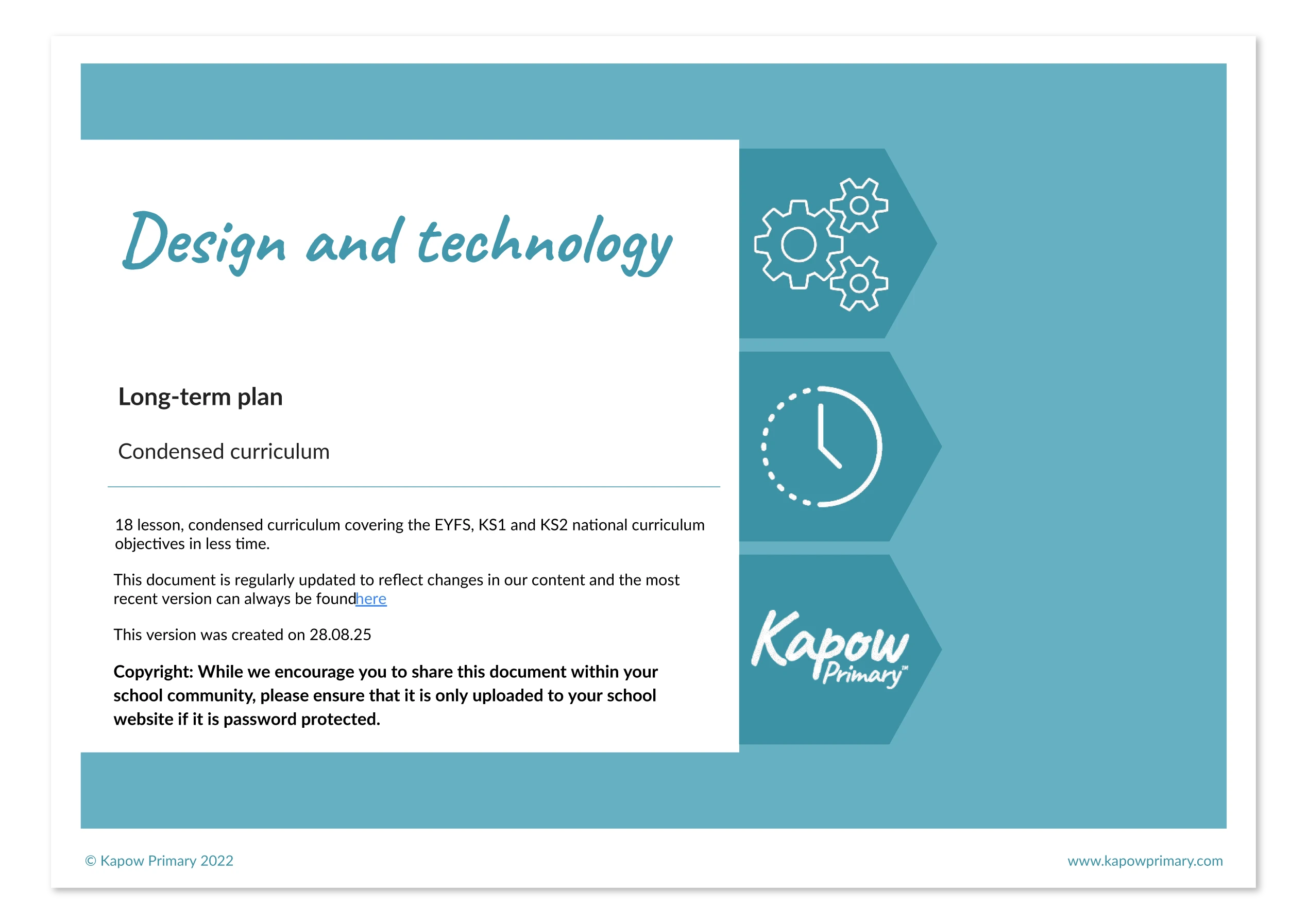 Cover page of Kapow Primary’s design and technology long-term condensed curriculum plan.