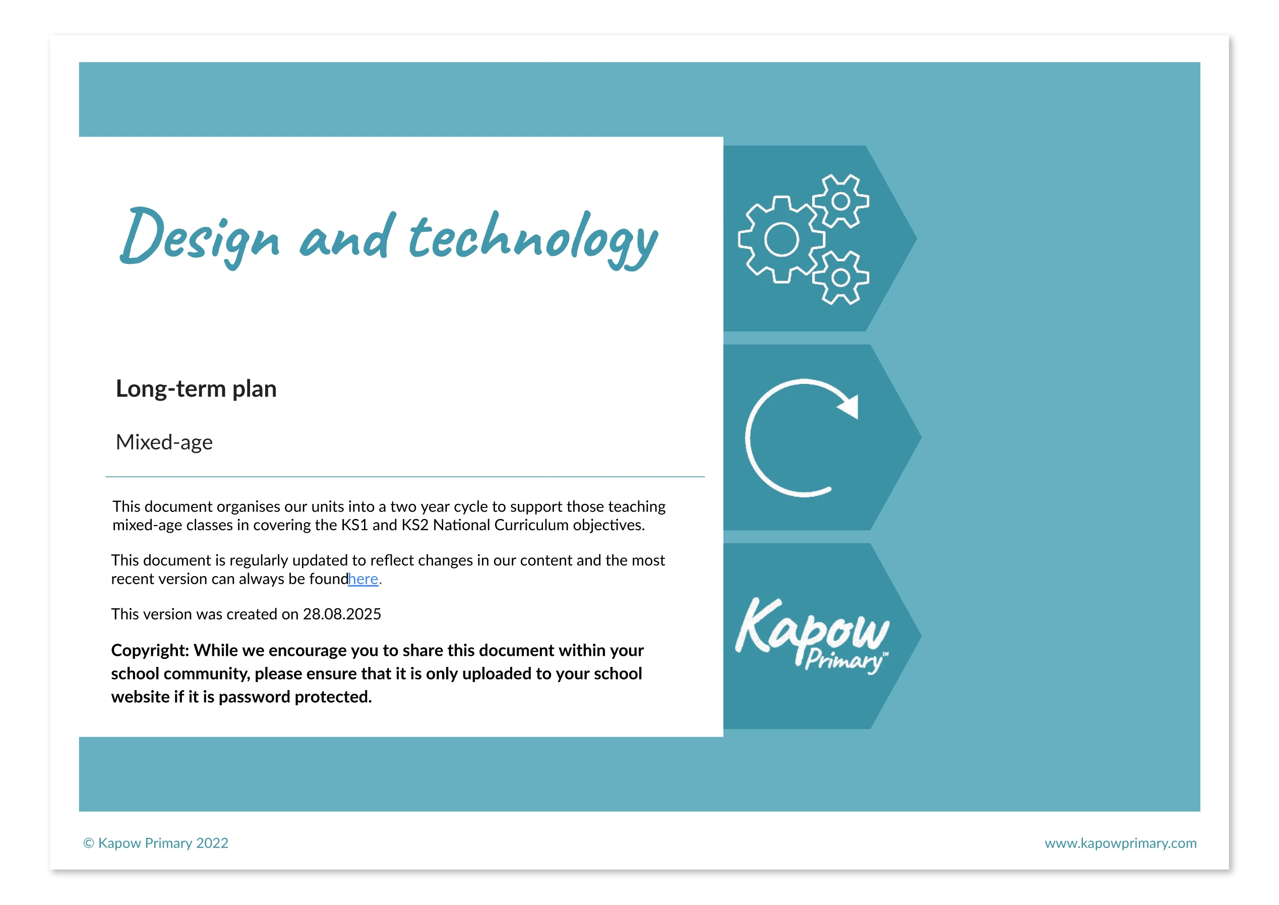 Cover page of Kapow Primary’s design and technology long-term mixed-age curriculum plan.