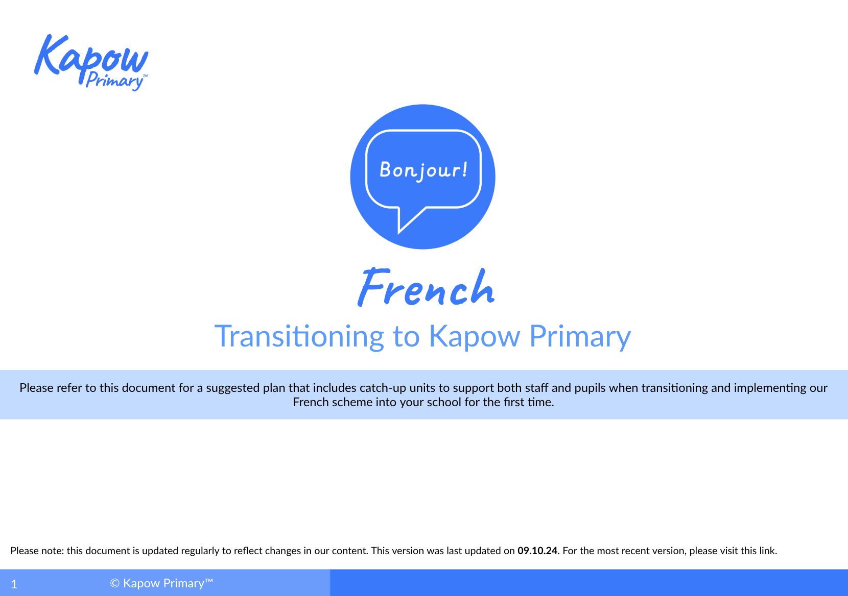 Transitioning to Kapow Primary French front cover