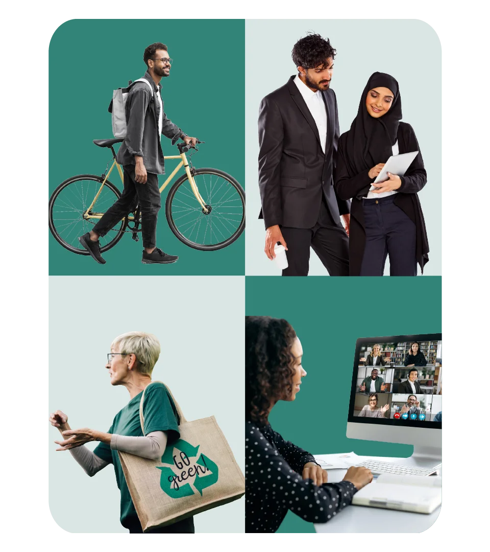 Collage of people cycling, collaborating, shopping with a reusable bag, and video calling to show sustainable lifestyle choices.
