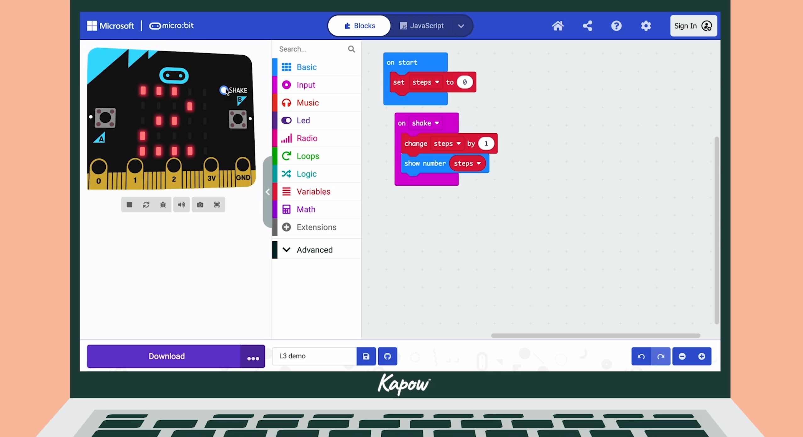 Pupil video: Programming a pedometer: adding an input