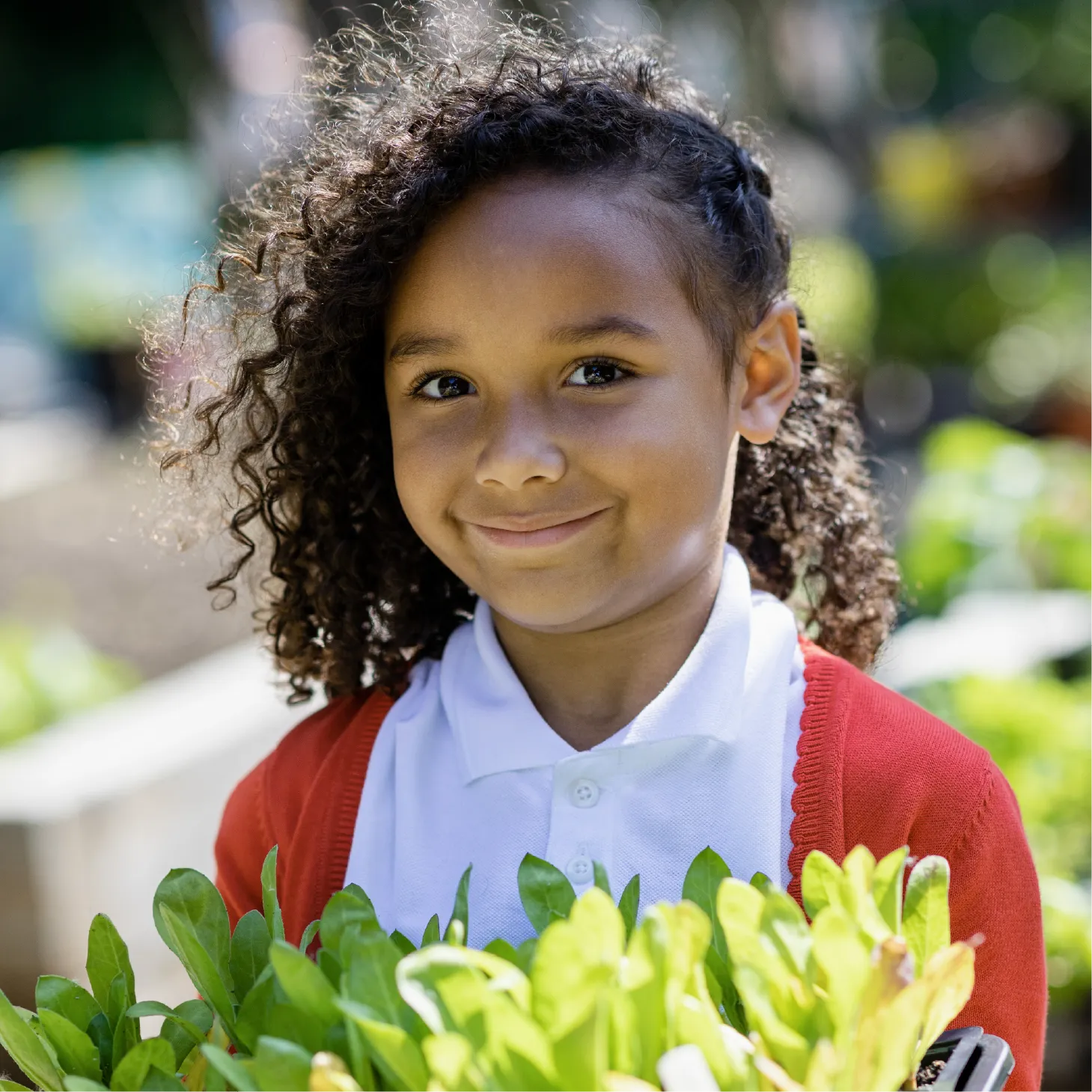 A young child smiling while holding a tray of green plants outdoors.