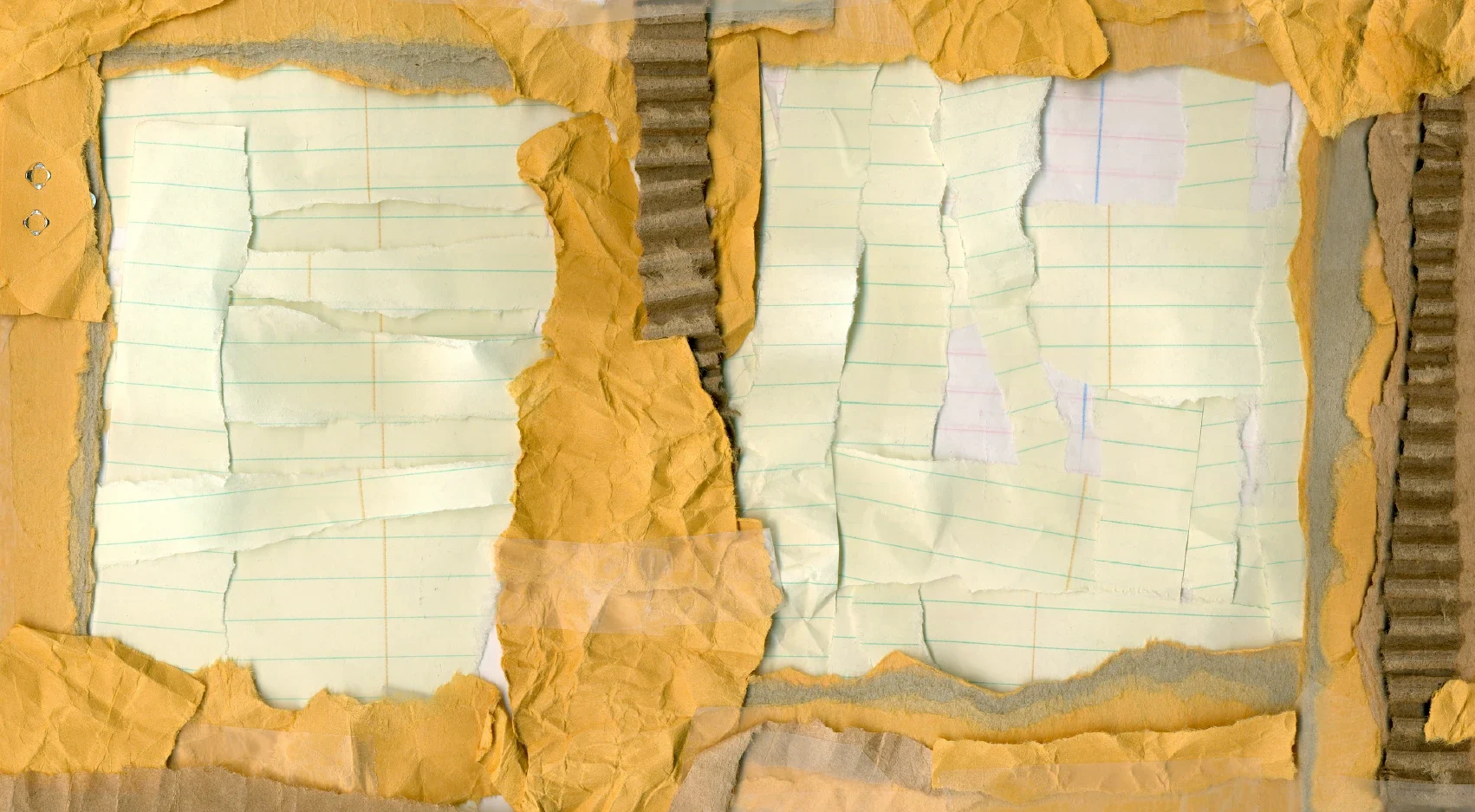 An abstract collage exploring texture and layering using torn paper, crumpled paper and corrugated cardboard.