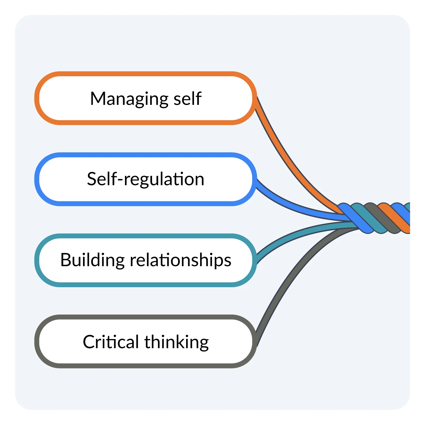 Diagram showing four connected skills: managing self, self-regulation, building relationships and critical thinking.