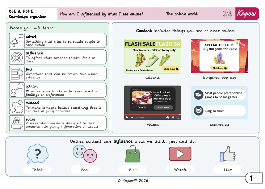Knowledge organiser – RSE & PSHE Y5: How am I influenced by what I see online?