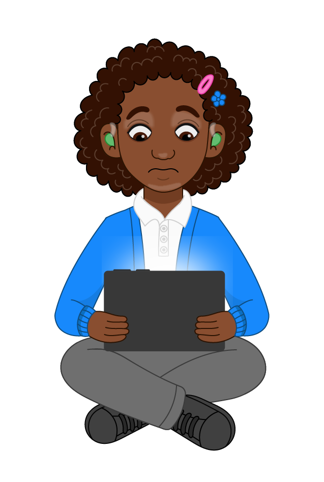 Illustrated child sitting cross-legged holding a tablet.