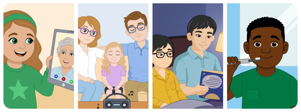 Four illustrations showing children connecting with family, spending time together, reading and following a daily routine.