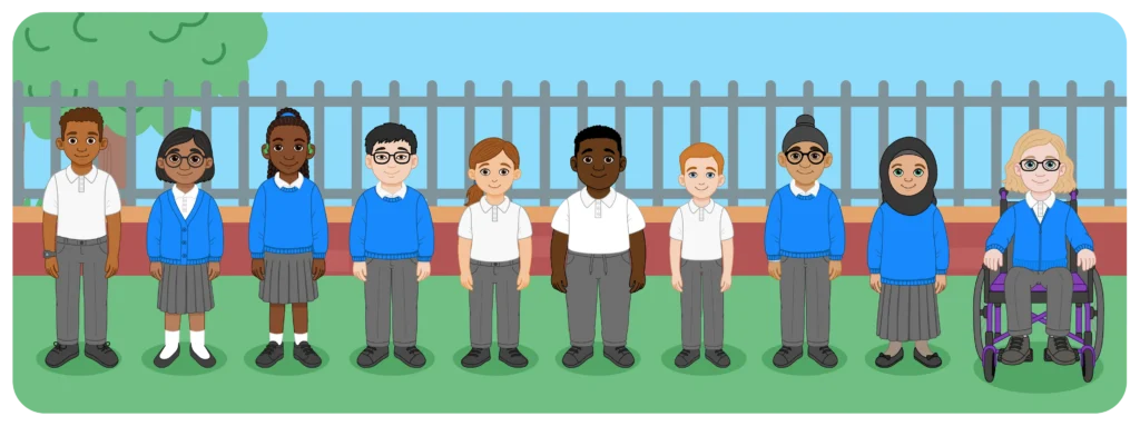 Diverse group of pupils standing together outdoors in school uniform, including a wheelchair user.
