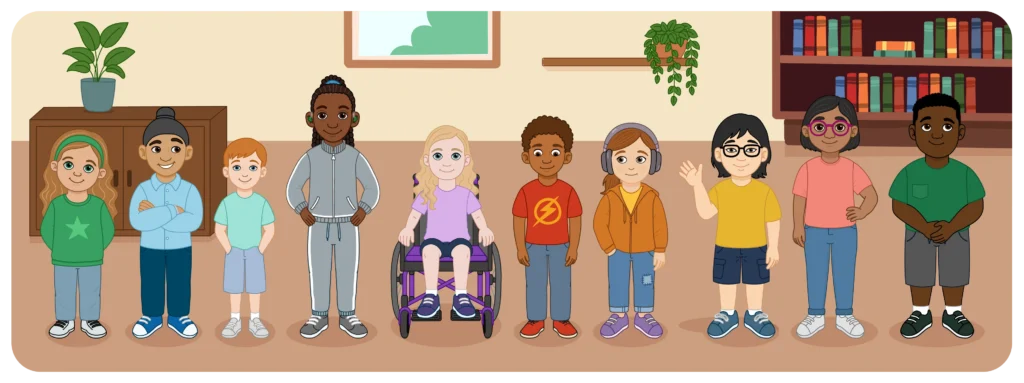 Diverse group of children standing together indoors, including a wheelchair user and pupils with different interests.