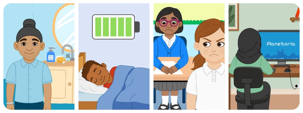 Four illustrations showing healthy online habits including self-care, sleep, positive interactions and balanced screen time.