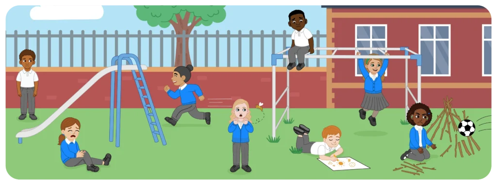 Children taking part in different activities in a school playground, including climbing, drawing and playing.
