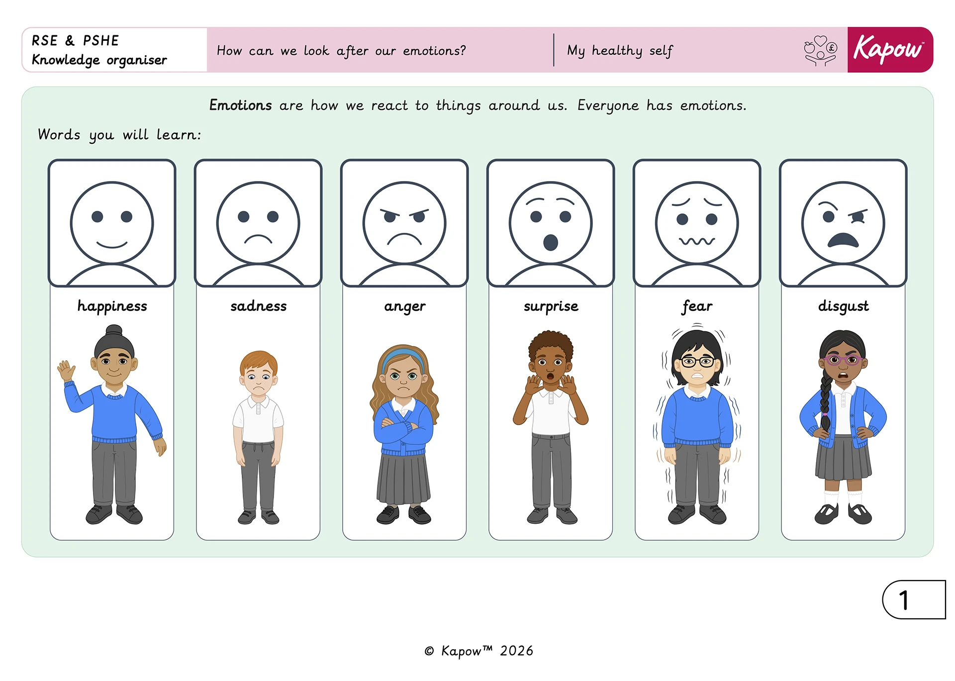 Knowledge organiser – RSE & PHSE Y1: My heathy self: How can we look after our emotions?